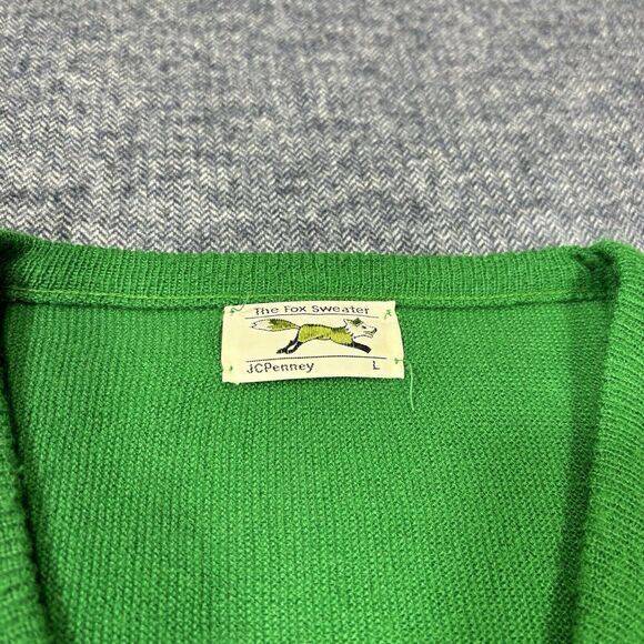Vintage The Fox Knit Sweater Green Soft Wool V-Neck JC Penny Mens Large 60s 70s - Picture 3 of 6